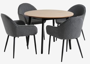 JEGIND Ø105 table chêne/noir + 4 SABRO chaises gris/noir