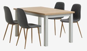 Table MARKSKEL L150/193 gris + 4 chaises JONSTRUP asphalte