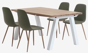 SKAGEN D150 stôl biela/dub + 4 BISTRUP stoličky olivová