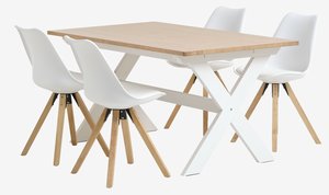 Table VISLINGE L150 naturel + 4 chaises BLOKHUS blanc
