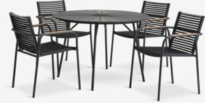 RANGSTRUP Ø110 tafel zwart + 4 NABE stapelstoelen zwart