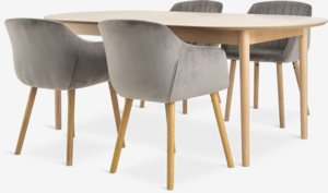 MARSTRAND L200/280 table oak + 4 ADSLEV chairs grey velvet